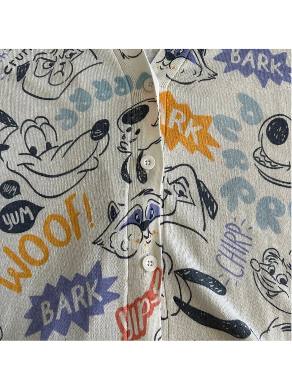Disney Dog Print Cardigan Womens XL White Button Front Sweater Cute